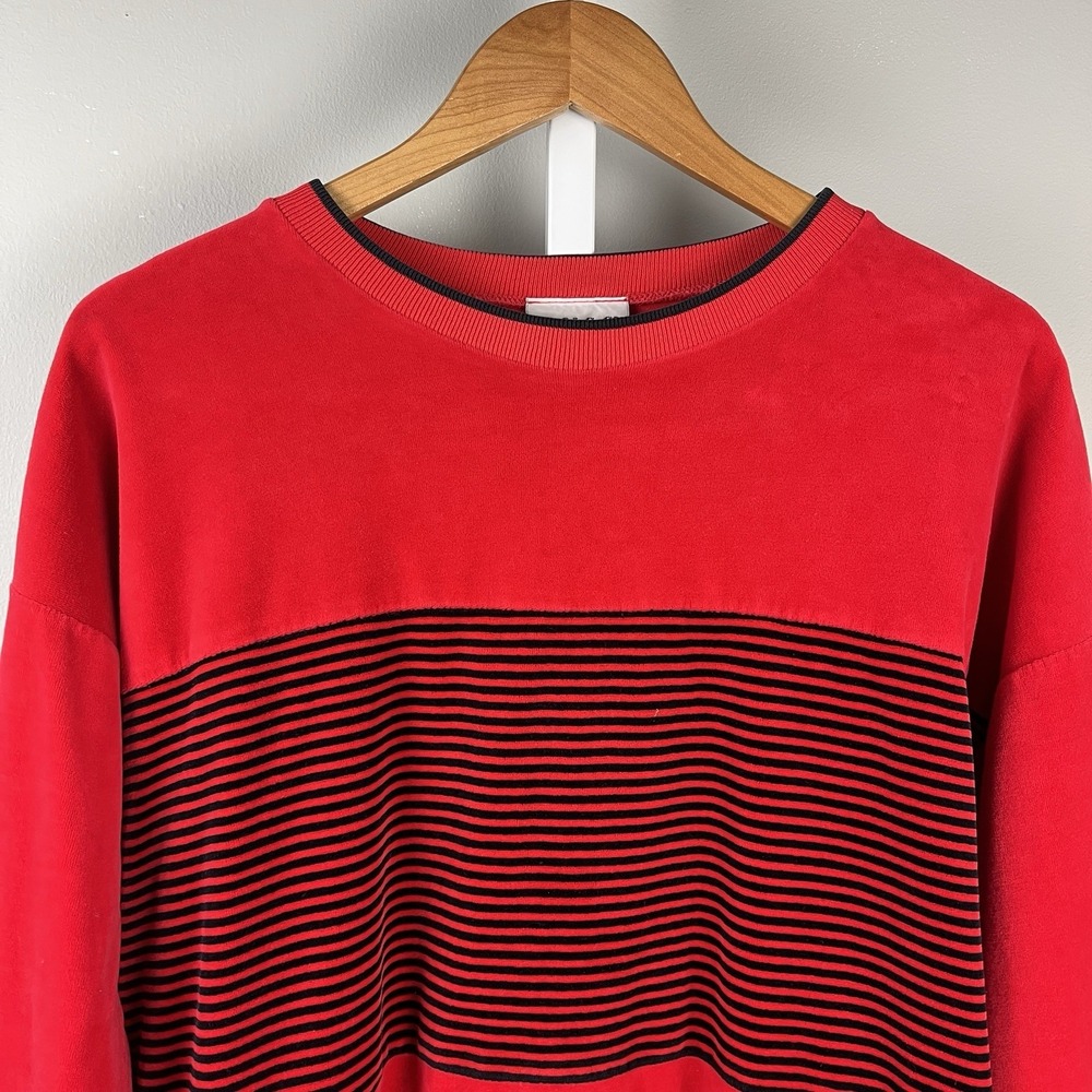 Russ Studio Shirt Top Womens Large Vintage Velour Red Black Stripe Long Sleeve